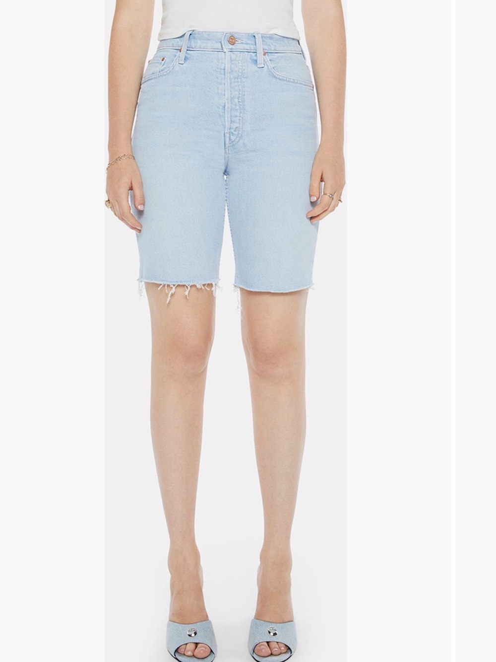 MOTHER High Waisted Rider Bermuda Short in Light Blue Fray